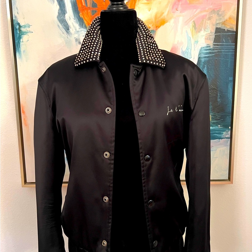 Black Saint Laurent Teddy bomber satin bomber jacket.With Crystal Embellishments